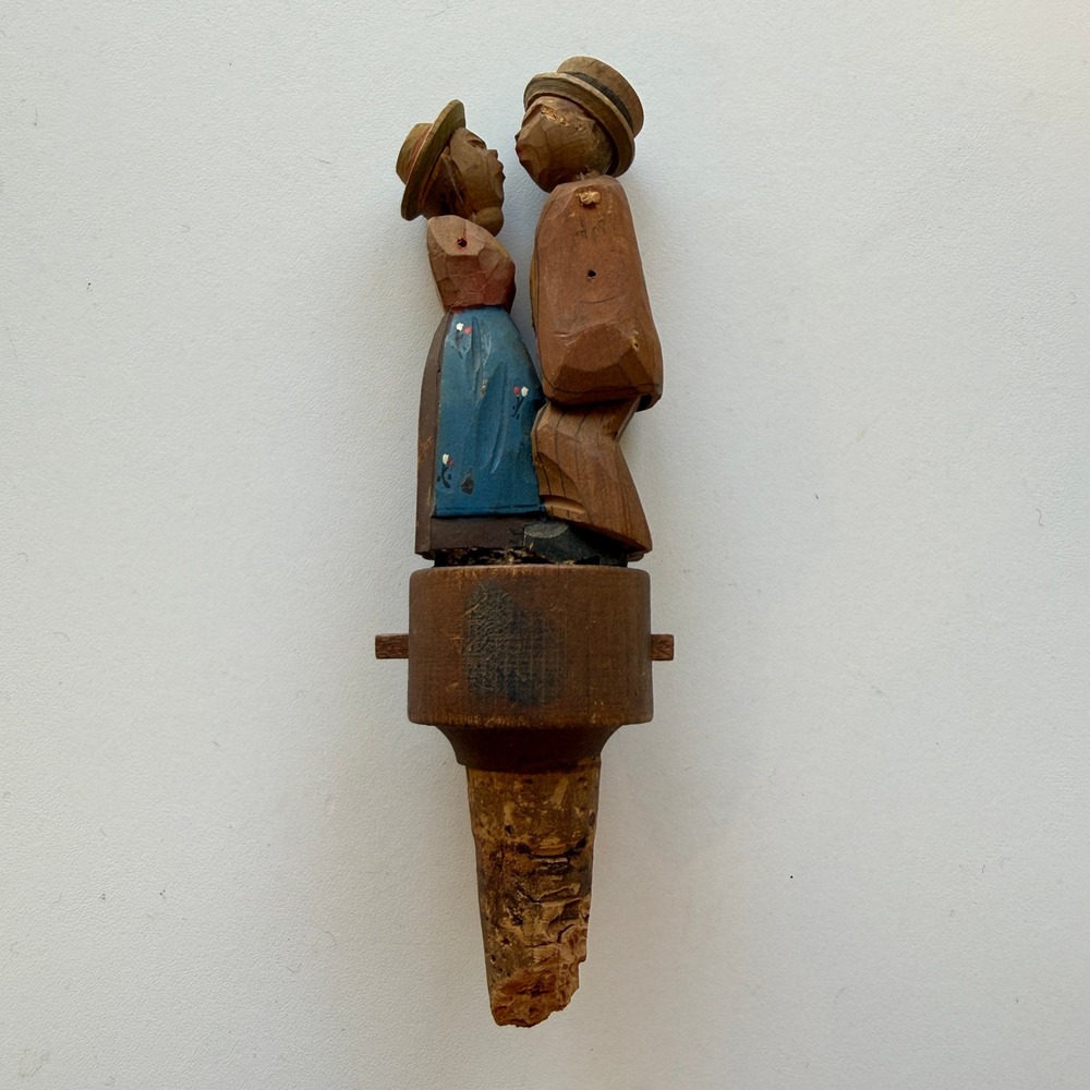 Vintage Hand Carved Wood Mechanical Kissing Couple Bottle Stopper Folk Art